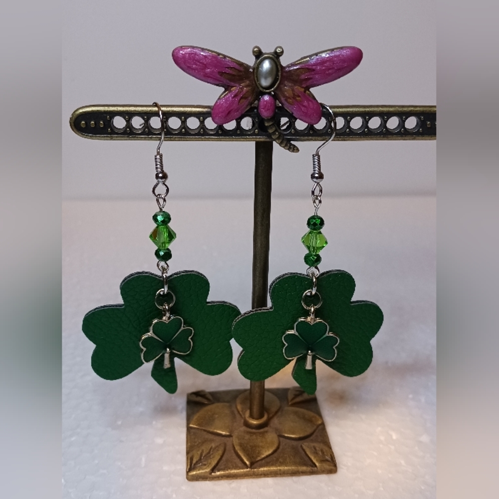 St. Patrick's day Earrings Green vinyl shamrock, enameled shamrock charm crystal
